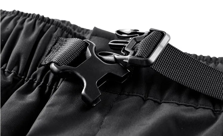 Men's black multi pocket cargo pants in polyester, loose fit, mid-waist style, on white background