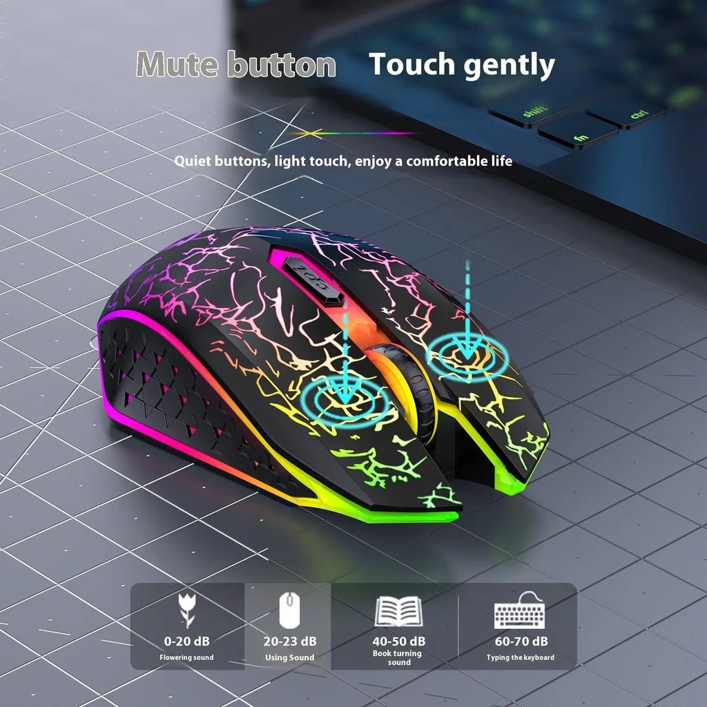 Black and white dual-mode wireless gaming mouse with luminous breathing light on desktop