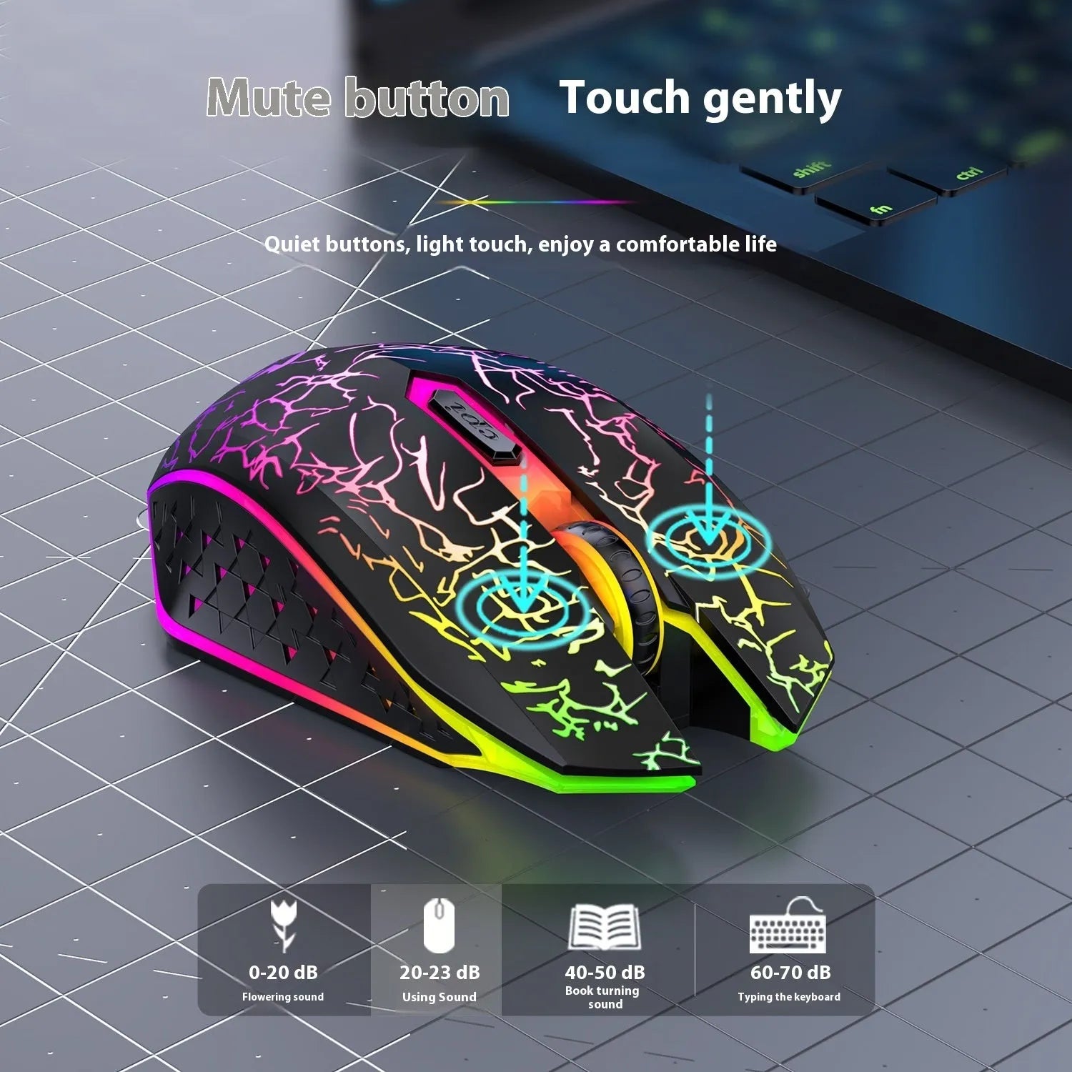 Black and white dual-mode wireless gaming mouse with luminous breathing light on desktop