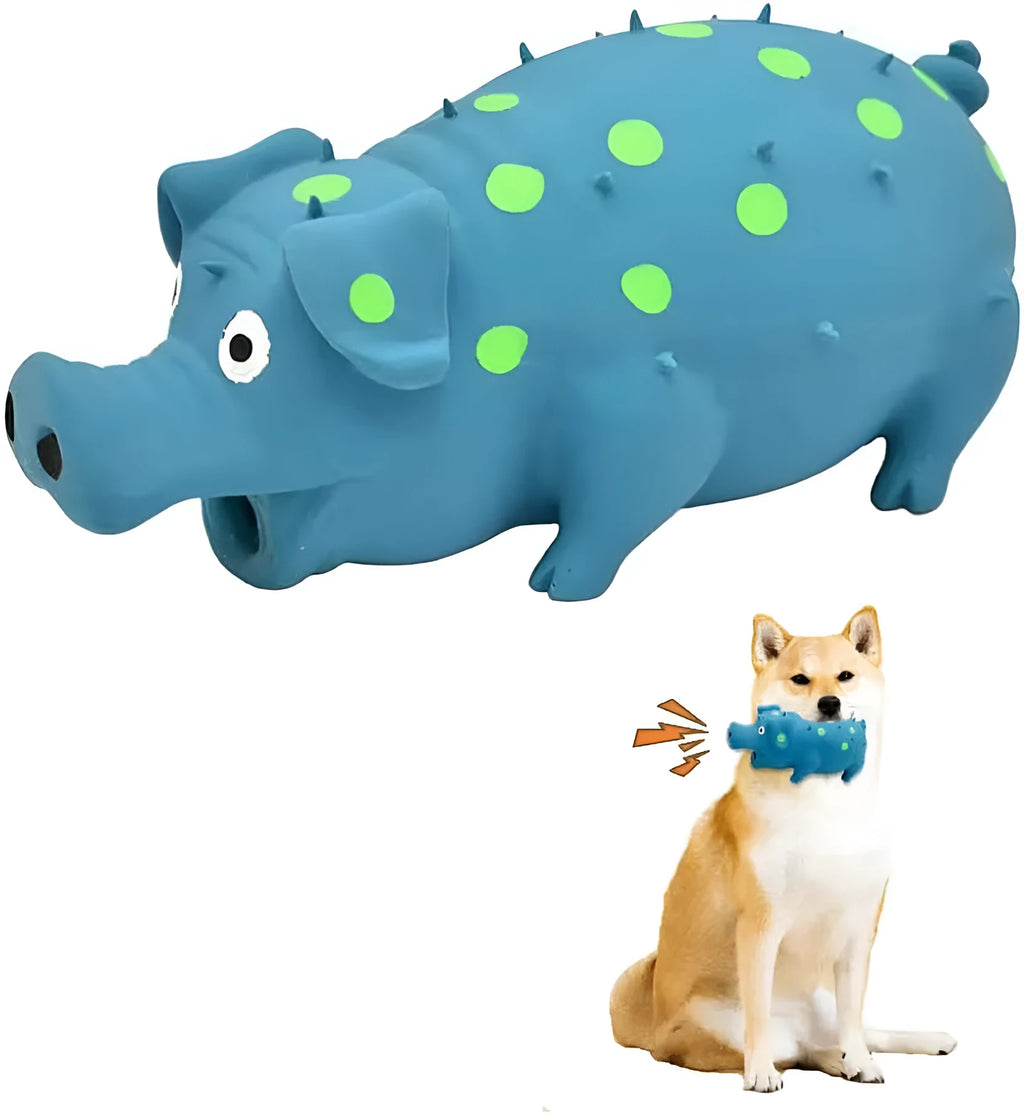 Blue latex pig-shaped dog chew toy with protruding grains and squeaker for aggressive chewers