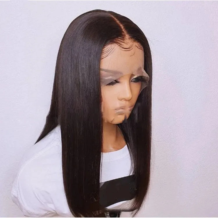 Women's front lace wig medium long straight black hair fully hand-woven on mannequin