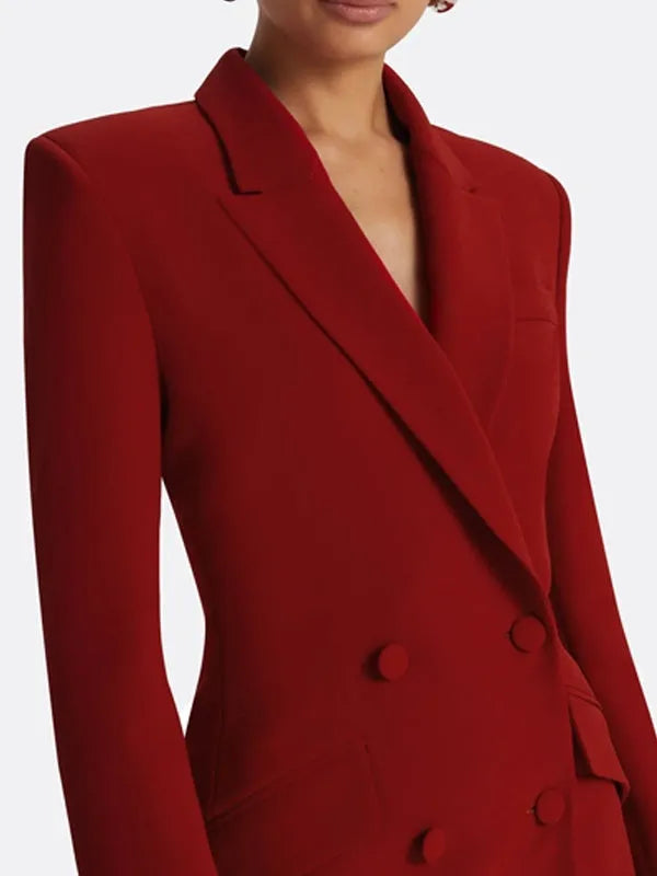 Red double-breasted blazer and matching trousers two-piece suit set with notch lapel and long sleeves