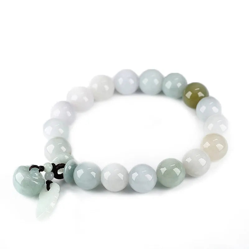 Jade hanging bracelet with Maitreya Buddha, apple, gourd, and money bag charms