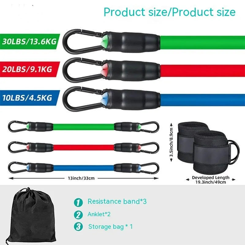 Set of three TPE resistance bands (10lb, 20lb, 30lb) with two black foot loops and a storage bag.
