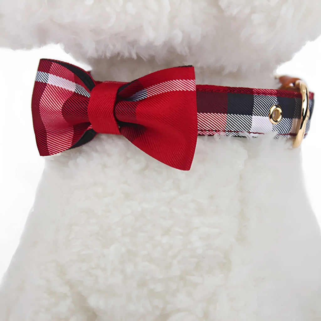 Leather stitching drawable mesh bow pet tie collar for small to medium dogs in classic khaki, Bordeaux red, Rhine blue