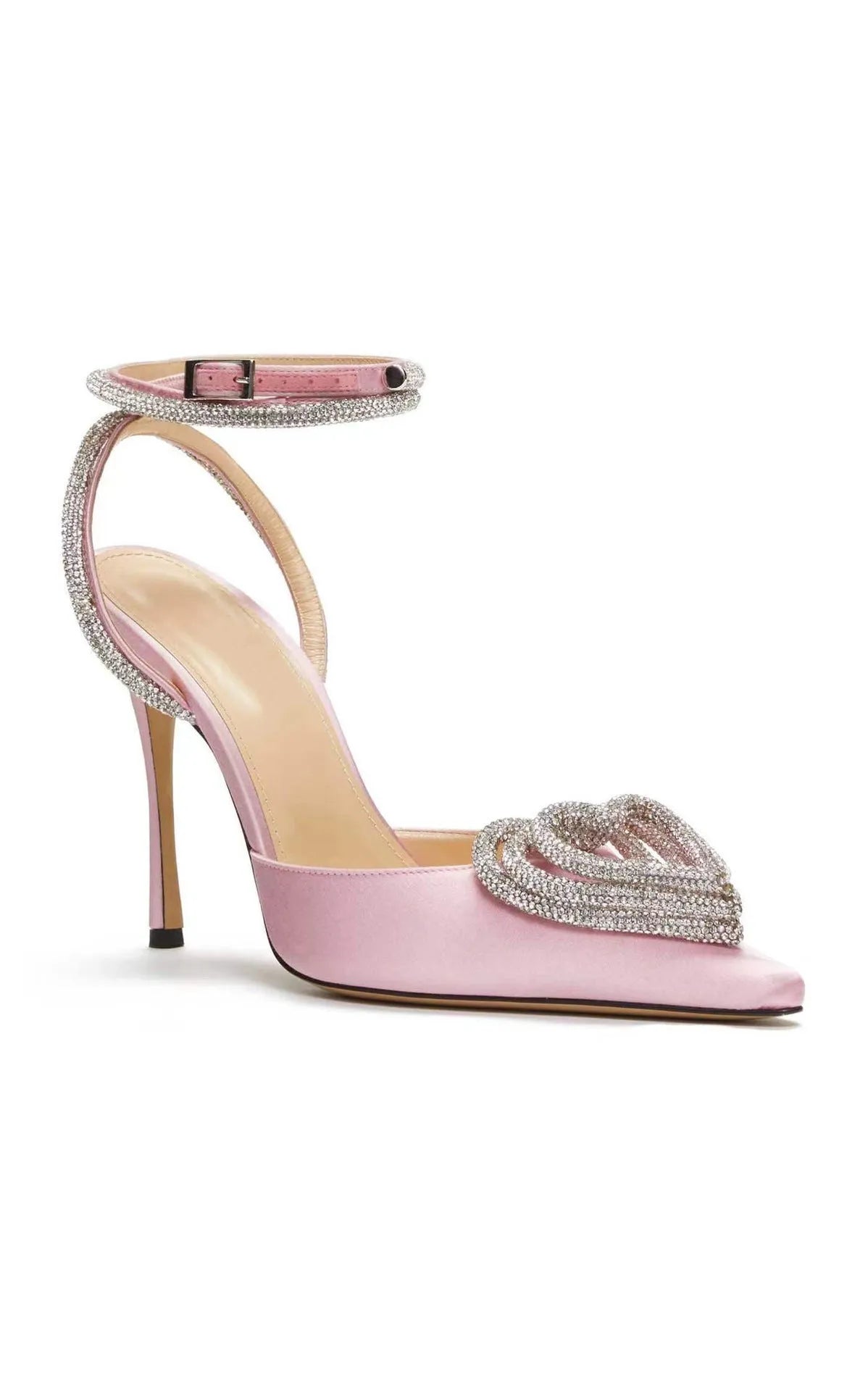 Women's pointed-toe satin sandal with heart rhinestone and cross-belt strap in black, pink, or white.