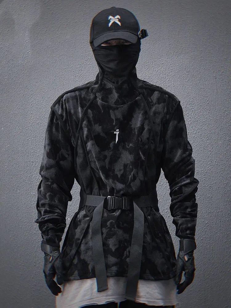 Men's black and grey tie-dye printed finger turtleneck sweater with drop shoulders and long sleeves.