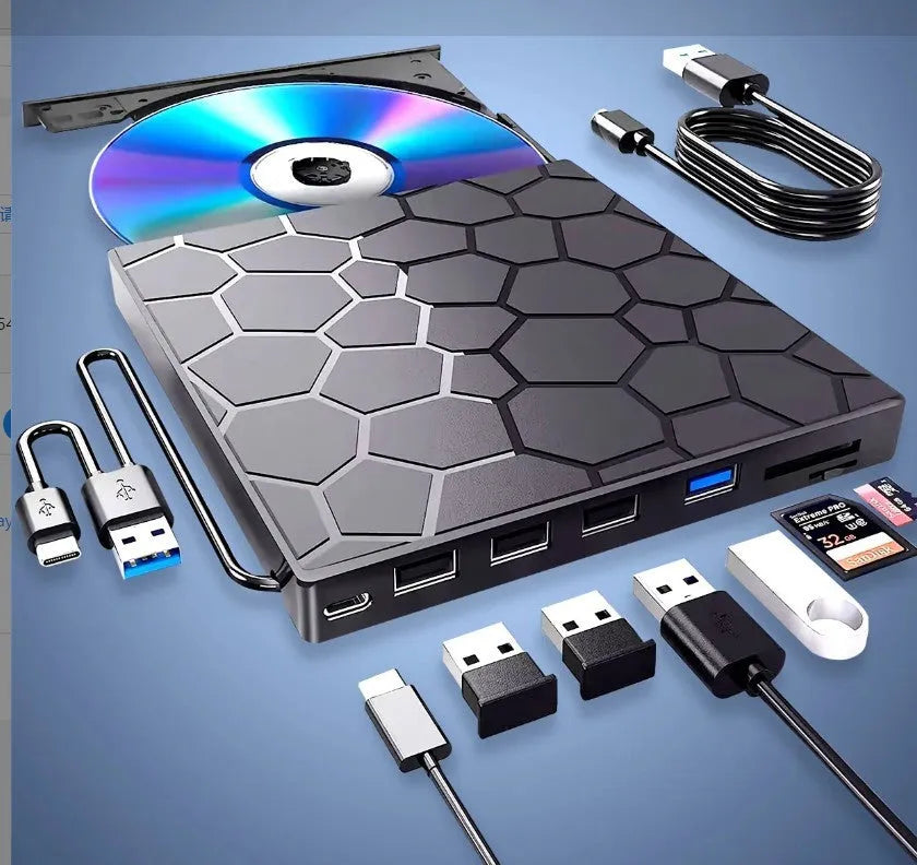 Black external USB CD DVD writer drive with compact slim design on a desk.