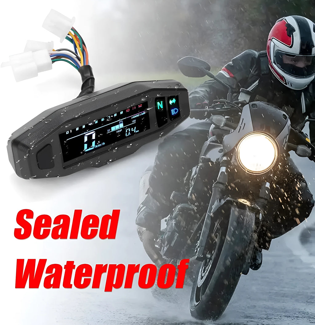 Black motorcycle mini speedometer with LCD screen showing oil gauge, speed, and rpm.