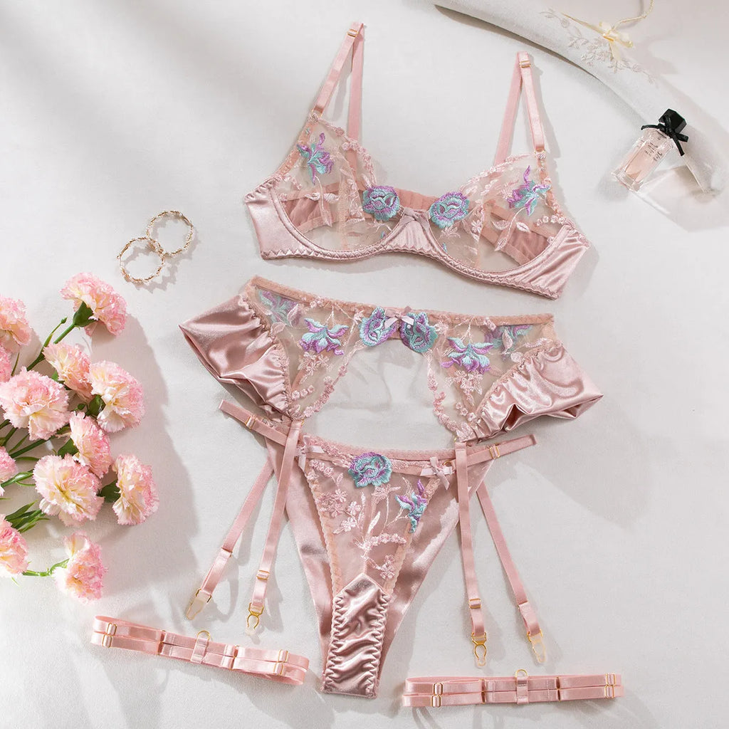 Light purple satin lingerie four-piece set with mercerized embroidery design