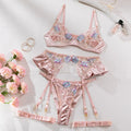 Light purple satin lingerie four-piece set with mercerized embroidery design