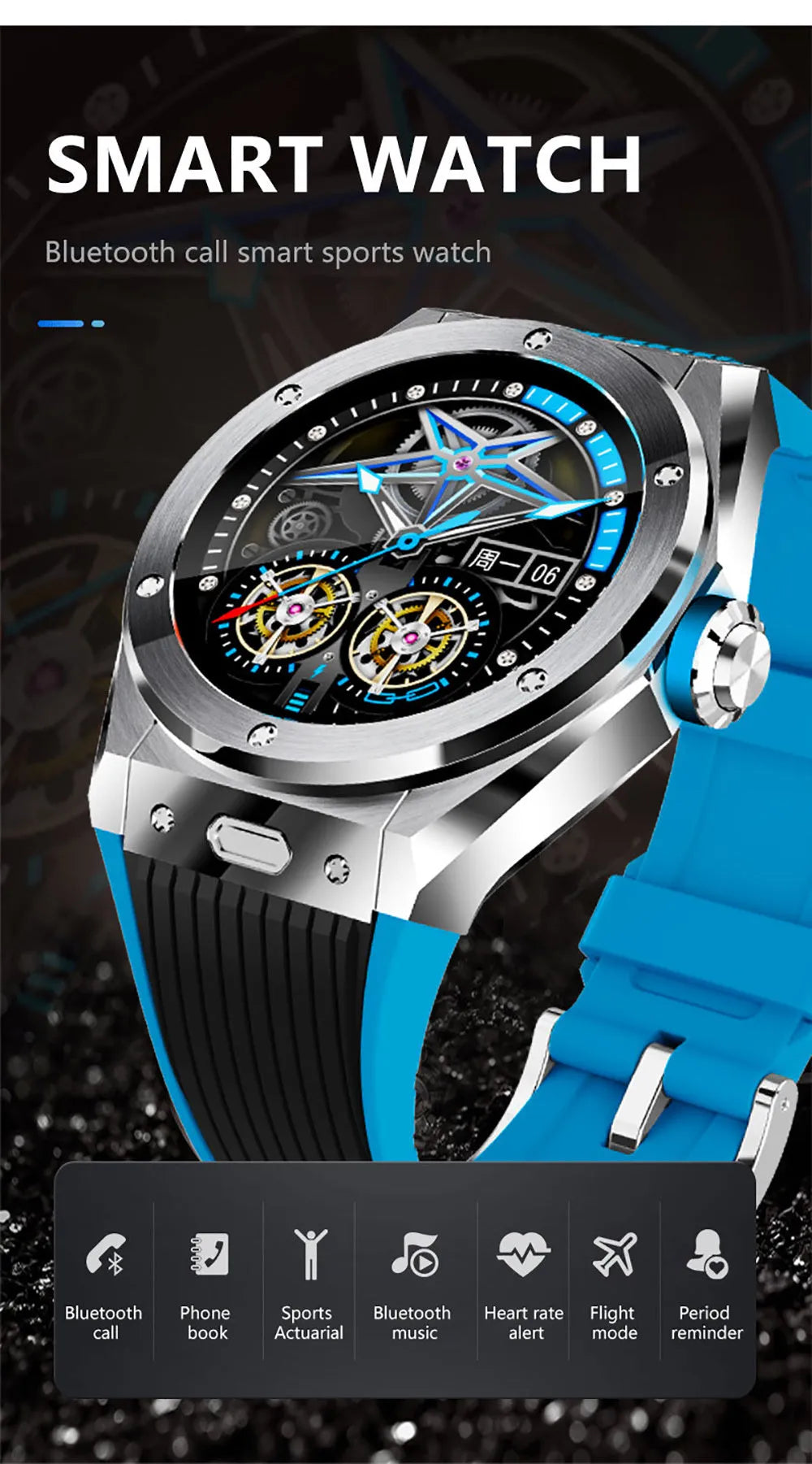 Black mv58 smart watch with silicone strap showing heart rate and fitness data on its screen