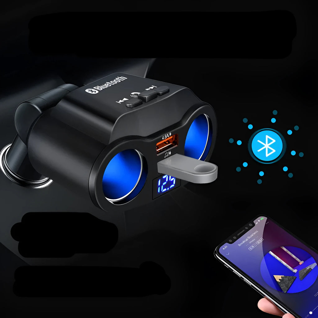 Car Bluetooth FM transmitter with USB charging port plugged into a vehicle cigarette lighter socket
