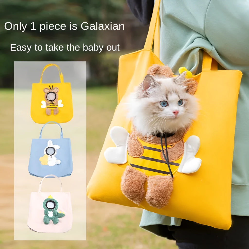 Canvas pet shoulder carrier bag with safety zippers and side opening in blue, grey, or yellow with animal patterns