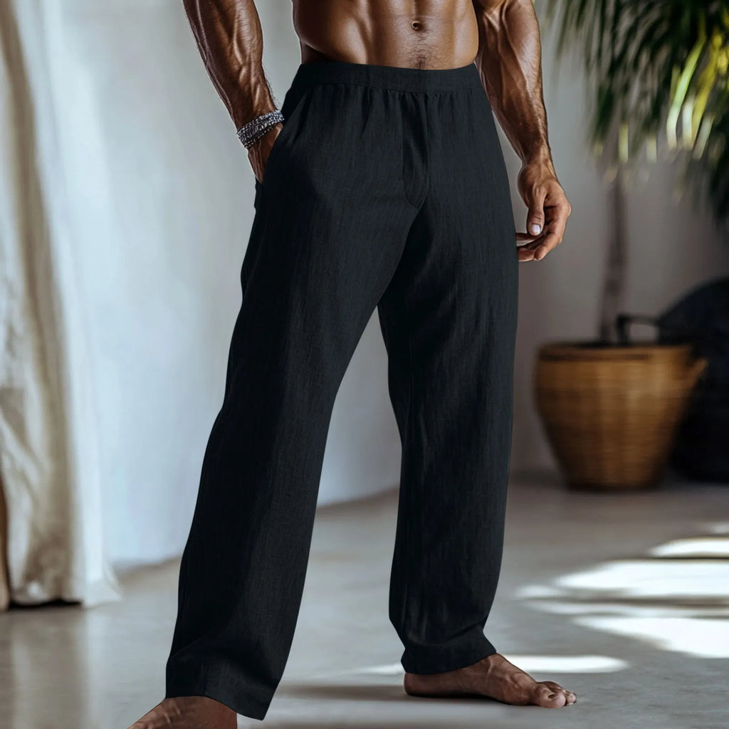 Men's straight leg casual trousers in cotton linen fabric showing front and side views