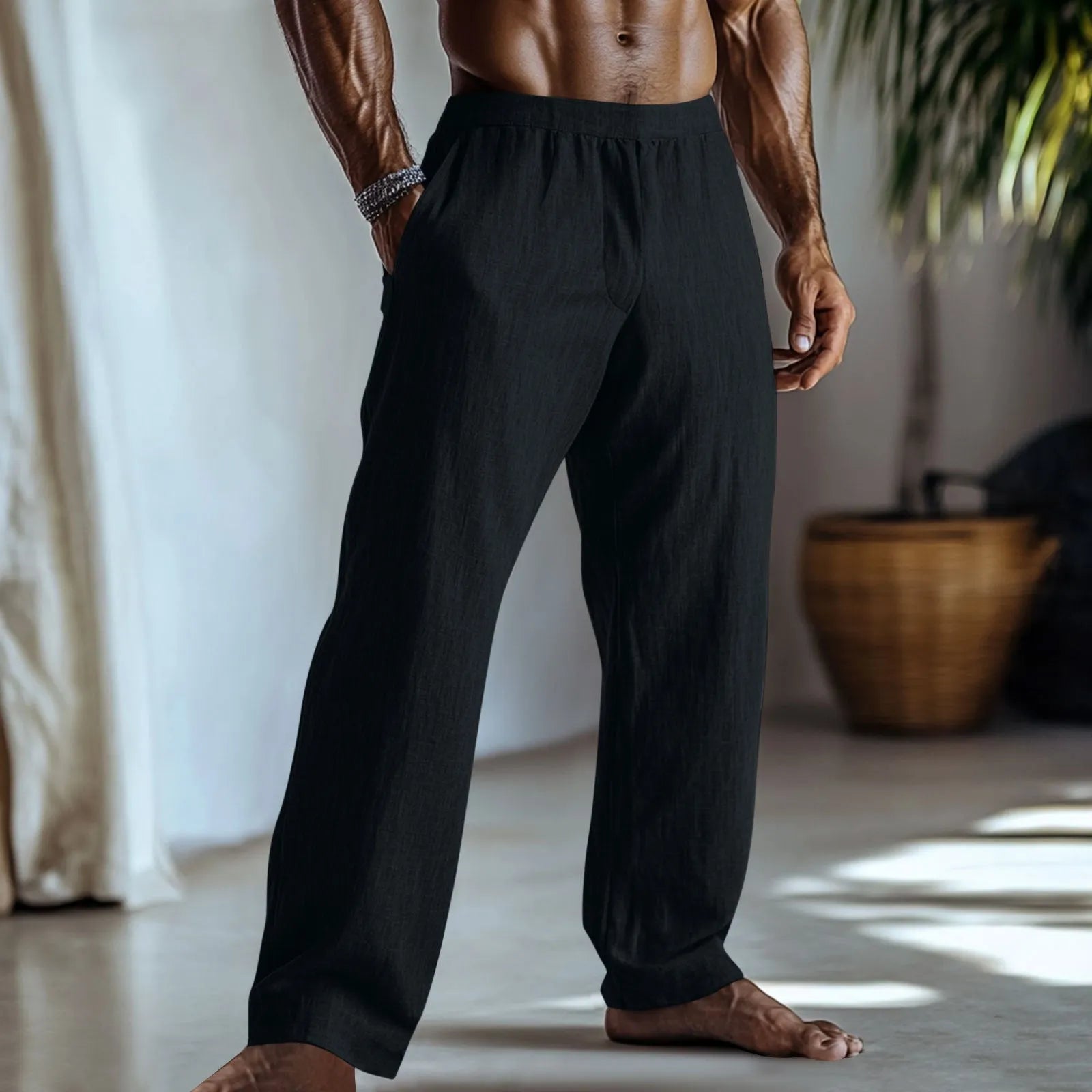 Men's straight leg casual trousers in cotton linen fabric showing front and side views