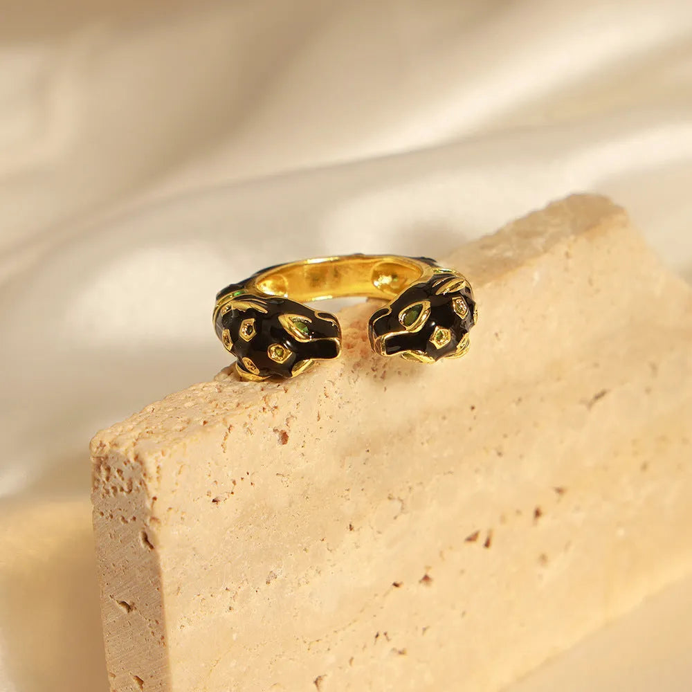 Women's black cheetah print open geometric ring in size 7