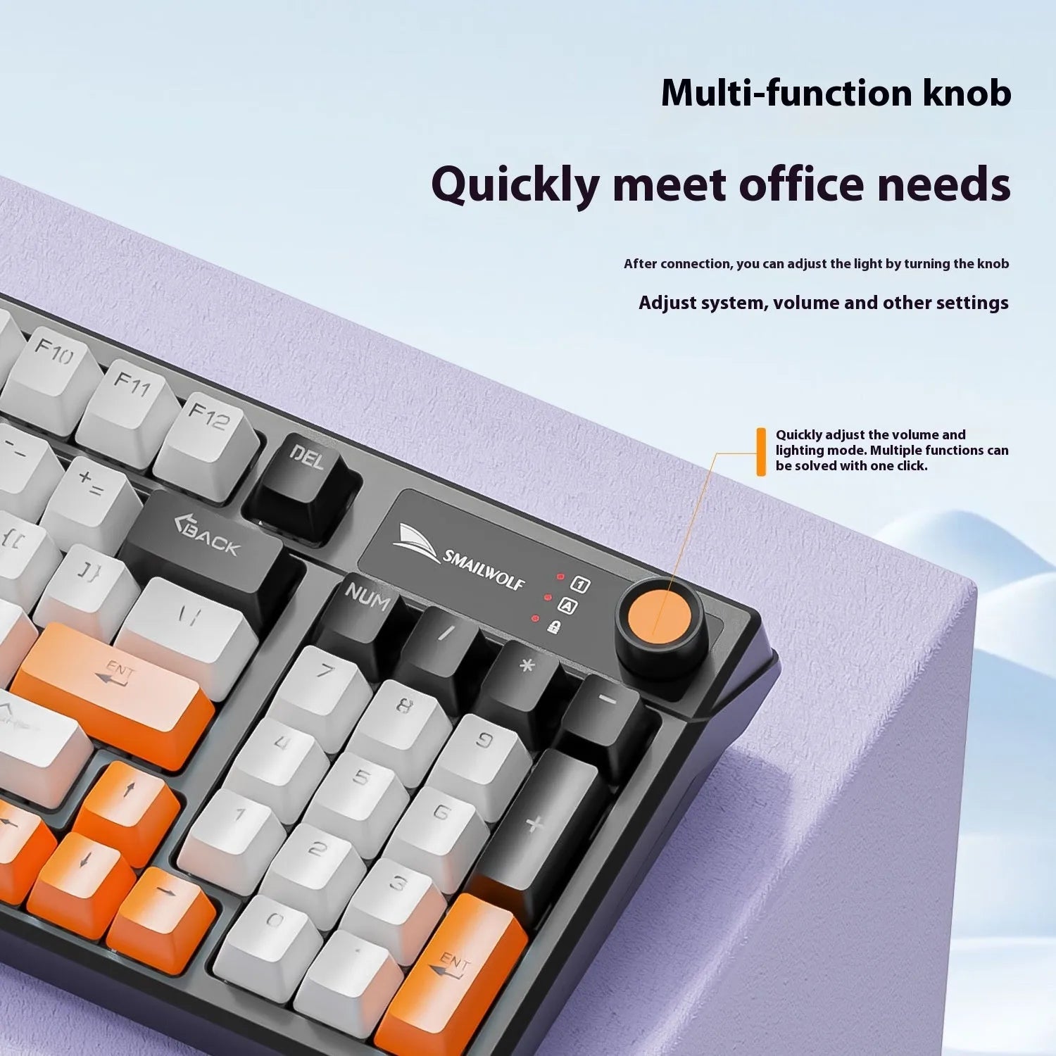 SK15 wired mechanical gaming keyboard with adjustable control knob in sunset orange colour