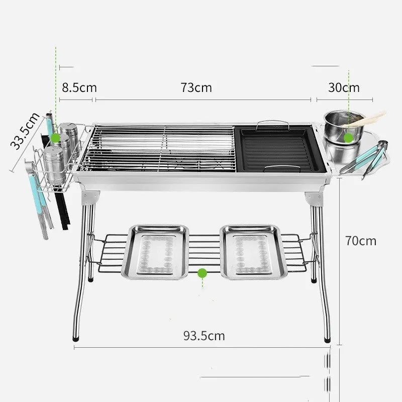 Stainless steel portable folding barbecue oven with grill, shown collapsed for storage