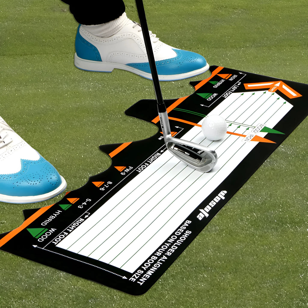 Black neoprene golf swing posture training pad on a practice mat.