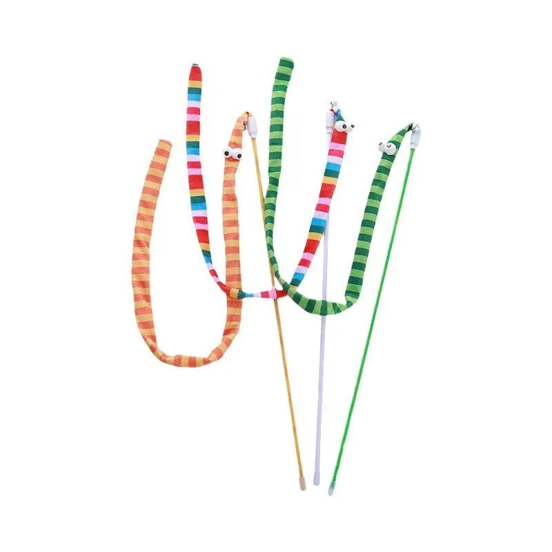 Plush cat teaser wand toy with colourful strip and bell on polycarbonate pole