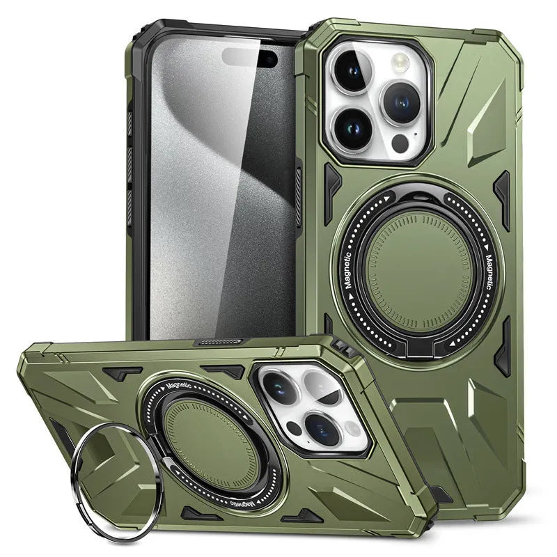 Simple bracket drop-resistant magnetic phone case for iPhone 13-16 series, TPU PC back cover with invisible bracket and magnetic suction, available in black