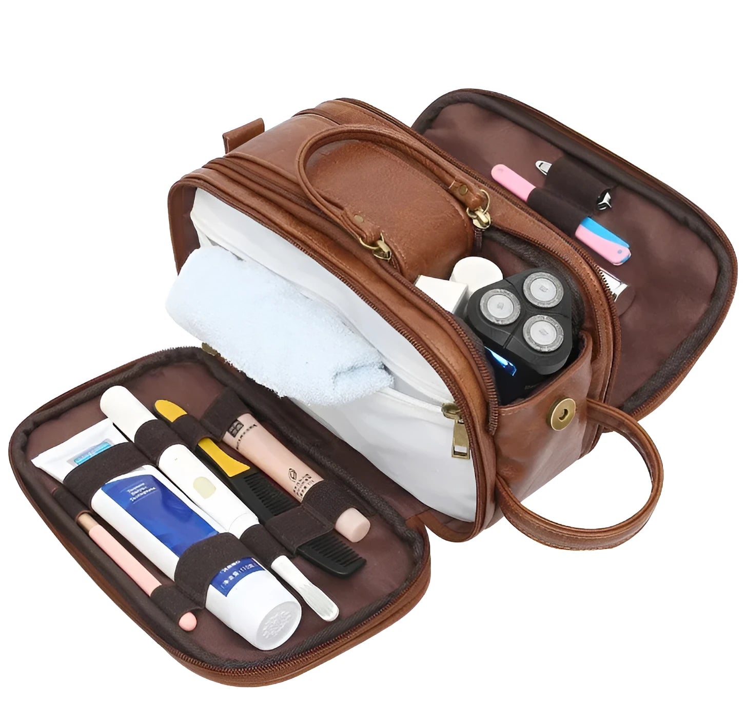 Men's black and brown PU leather toiletry bag for travel storage