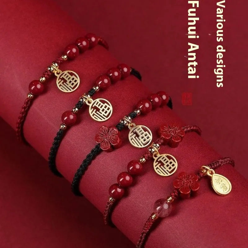 Cinnabar braided rope bracelet with round bead blessing card in wine red colour