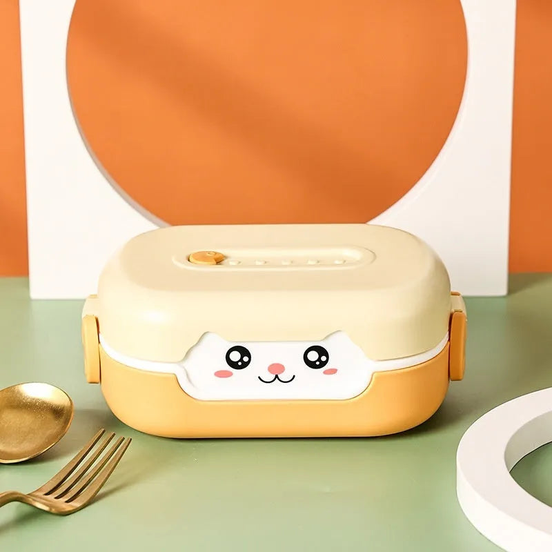 Square plastic divided lunch box with microwave-safe construction in dark blue, orange yellow or pink and green colours