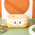 Square plastic divided lunch box with microwave-safe construction in dark blue, orange yellow or pink and green colours