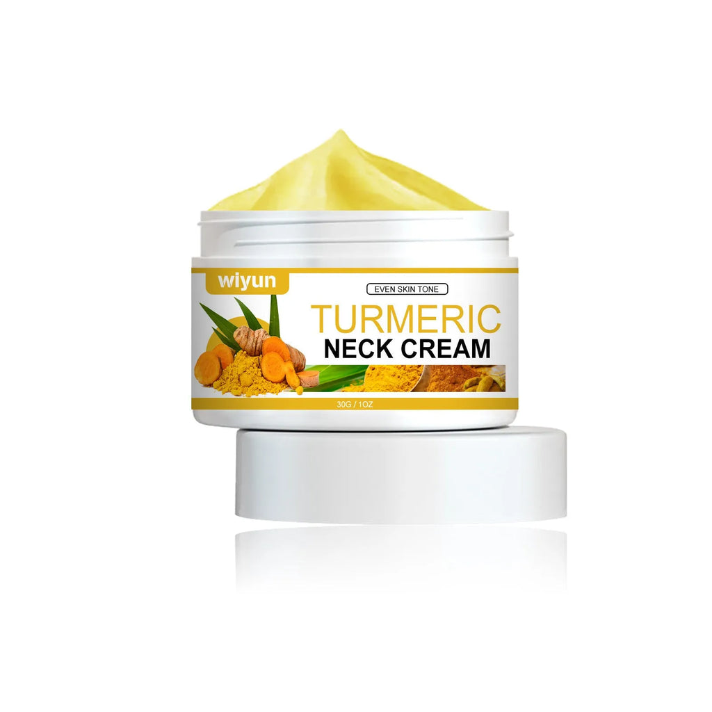 Turmeric neck cream 30g in a compact white container with green lid, hyaluronic acid and retinol formula