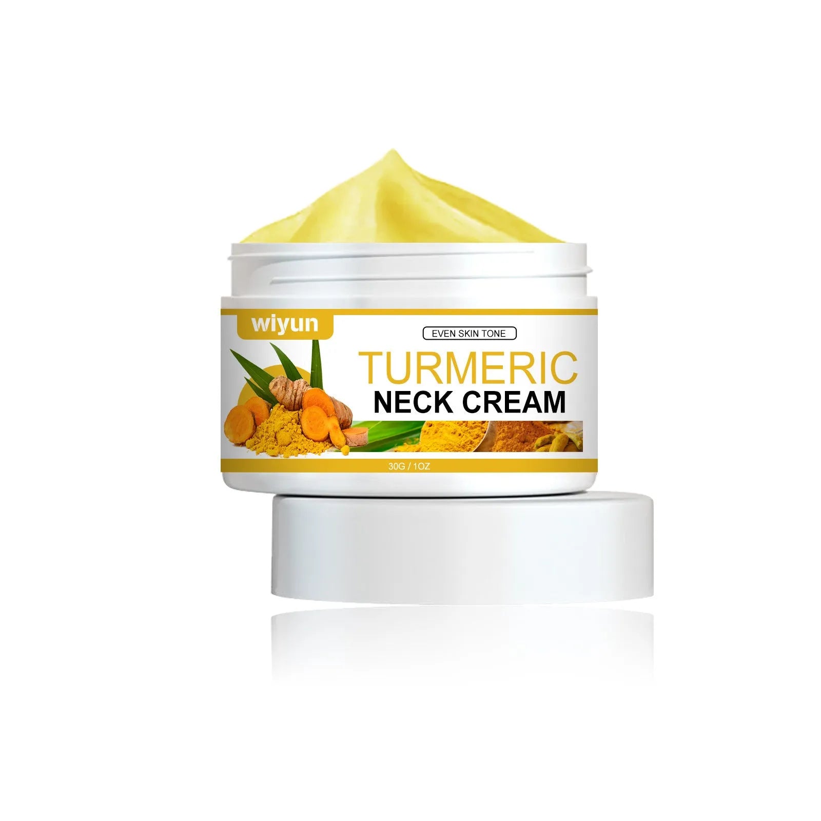 Turmeric neck cream 30g in a compact white container with green lid, hyaluronic acid and retinol formula