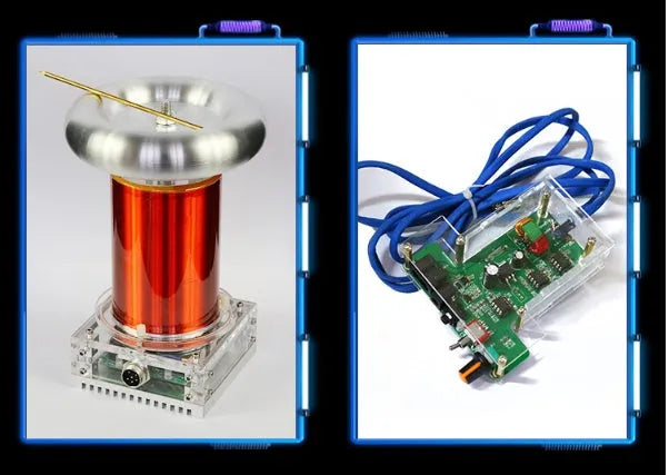 Music Tesla coil driver board with controller and cables, showing 220V power input and 3.5mm audio port.