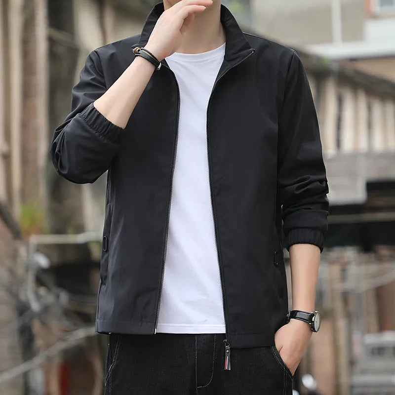 Men's loose-fit Korean-style casual jacket with zipper pockets in multiple colour options including blue, black and grey