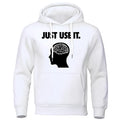 Men's white printed velvet padded hooded sweatshirt loose fit pullover side seam pockets