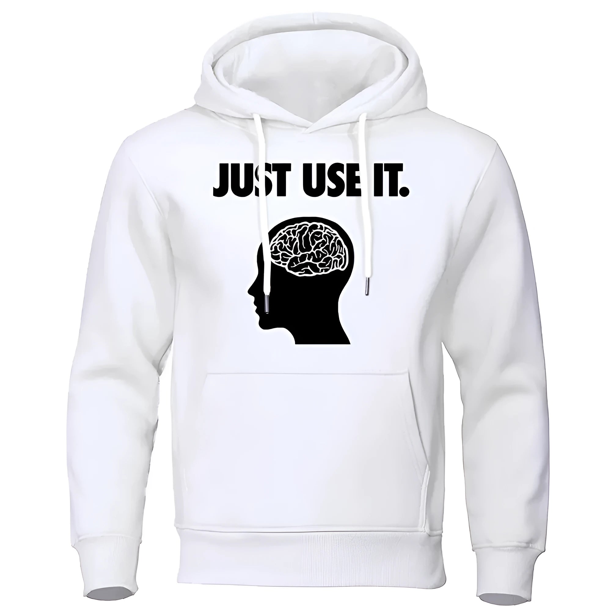 Men's white printed velvet padded hooded sweatshirt loose fit pullover side seam pockets