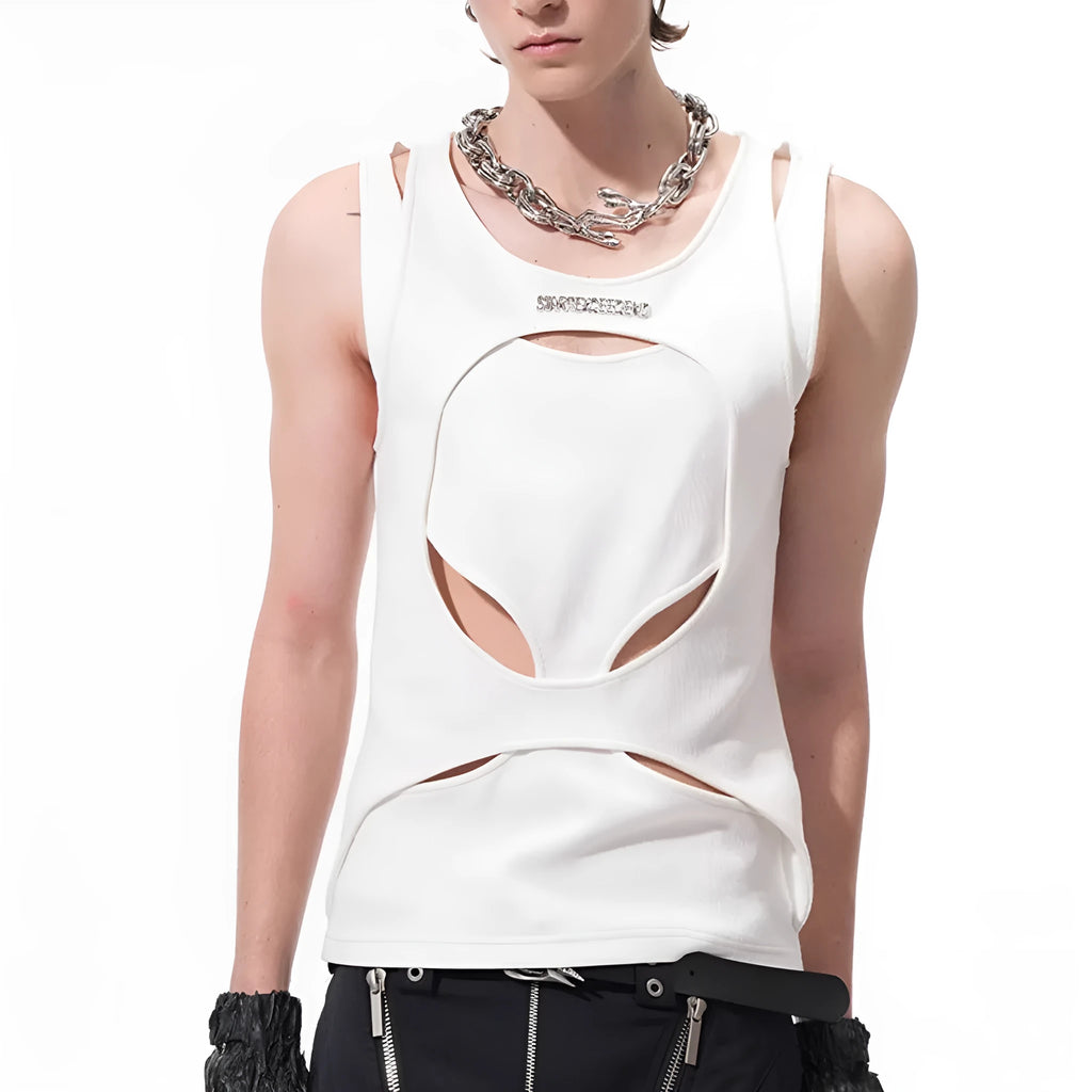 Men's black sleeveless waistcoat vest with hollow thread summer design