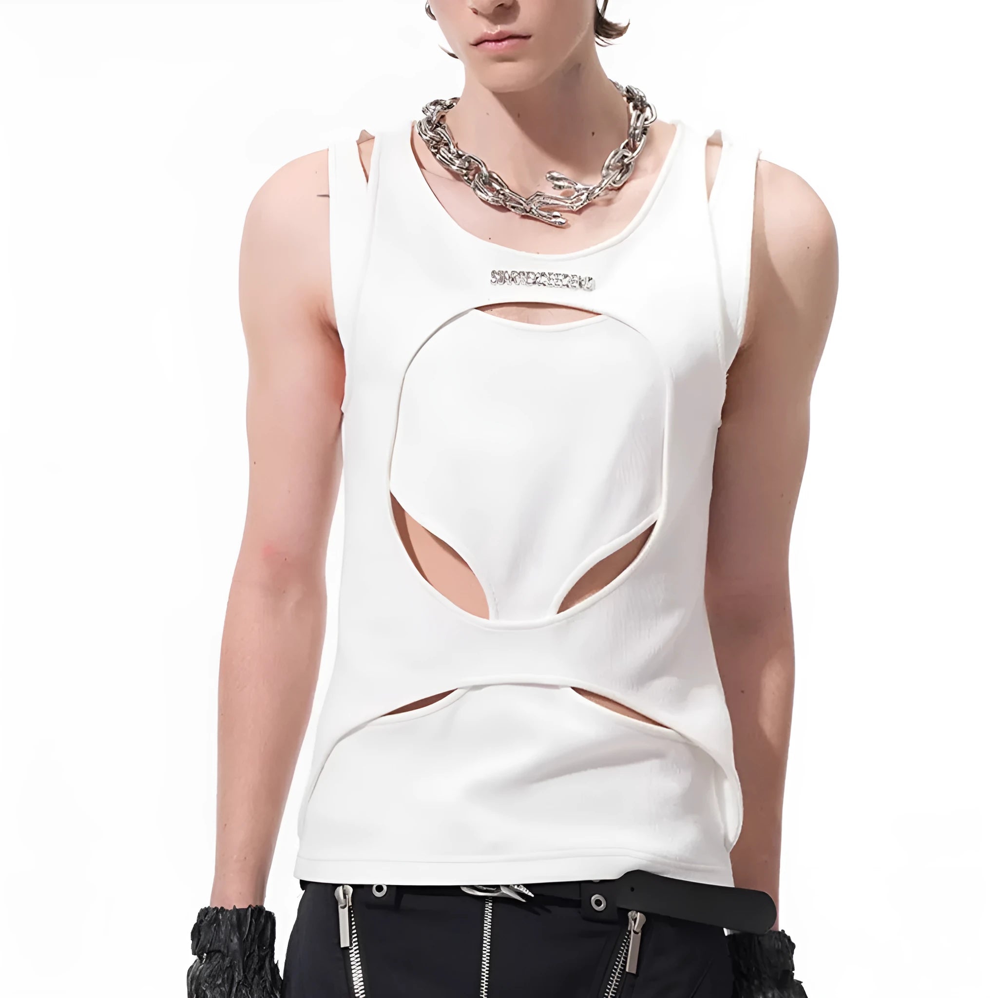 Men's black sleeveless waistcoat vest with hollow thread summer design