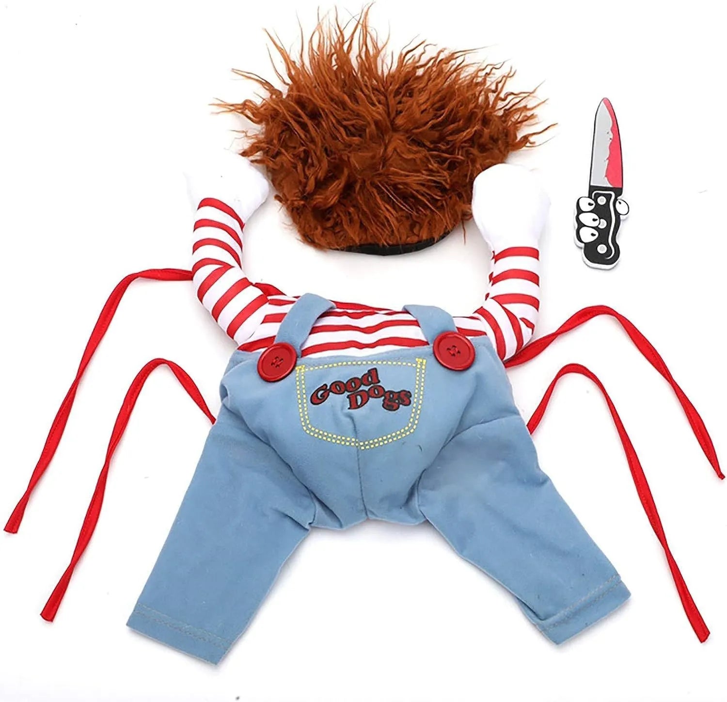 Striped prisoner Halloween costume for pets with harness back trousers and soft toy knife accessory