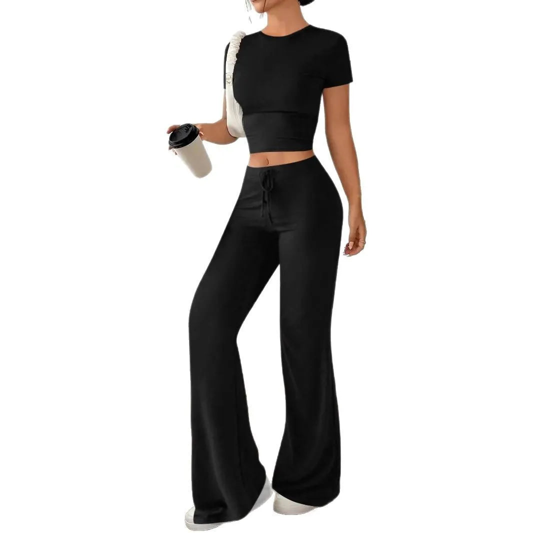 Black women's polyester high waist trouser and short sleeve t-shirt suit set