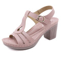 Women's patent leather sandals with thick heel and metal buckle stitching in apricot colour