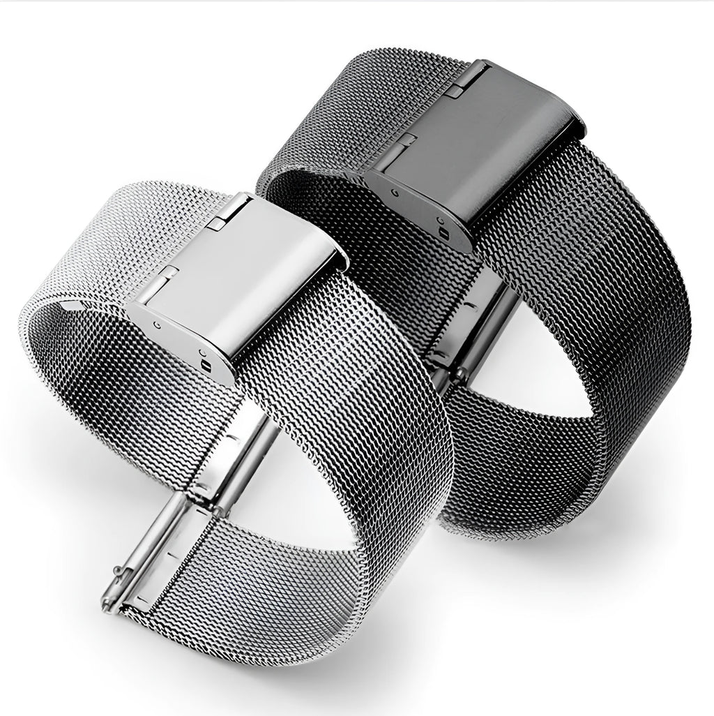 Milani woven stainless steel and silk watch band in silver, black, rose gold, or gold, showing texture.