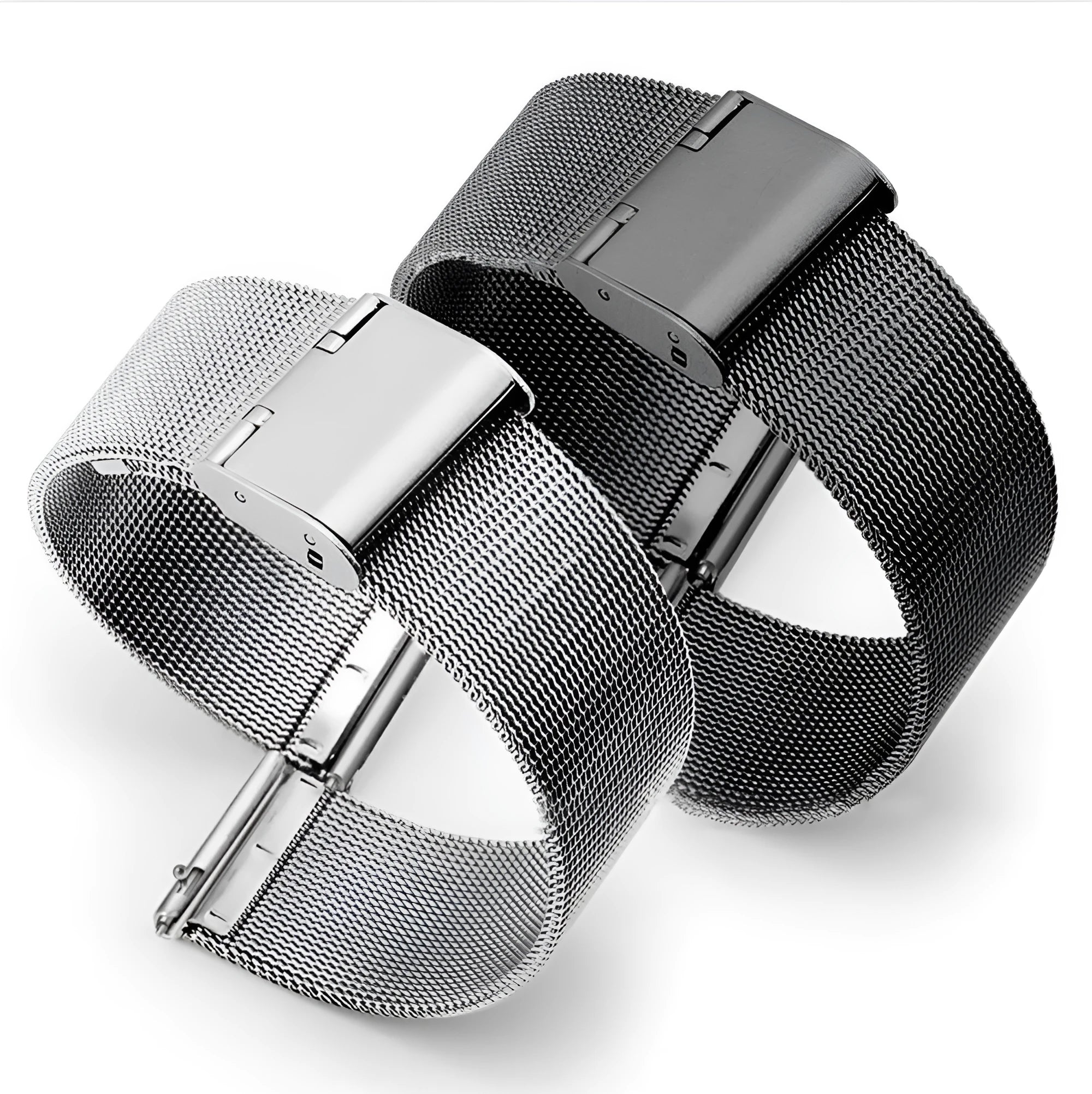 Milani woven stainless steel and silk watch band in silver, black, rose gold, or gold, showing texture.