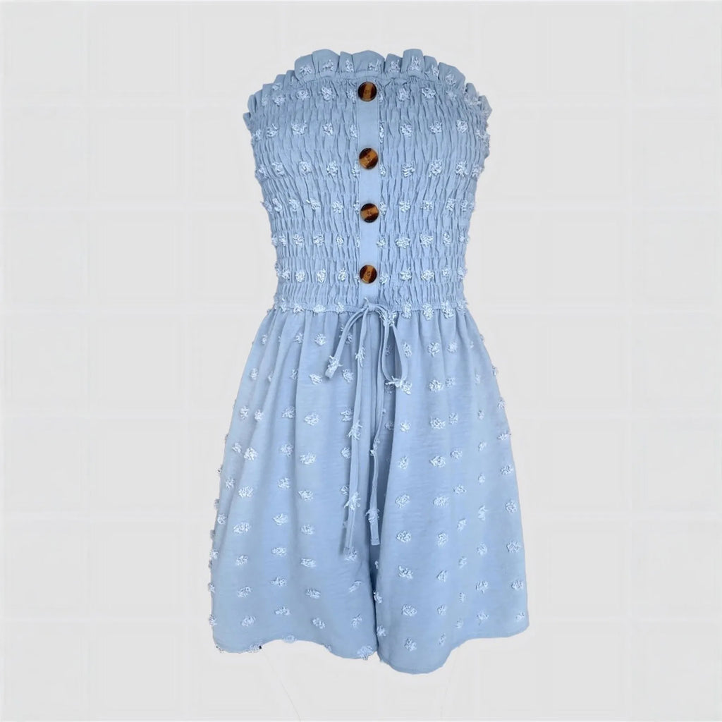 Women's solid colour off-shoulder sleeveless jumpsuit in a casual style on a hanger.
