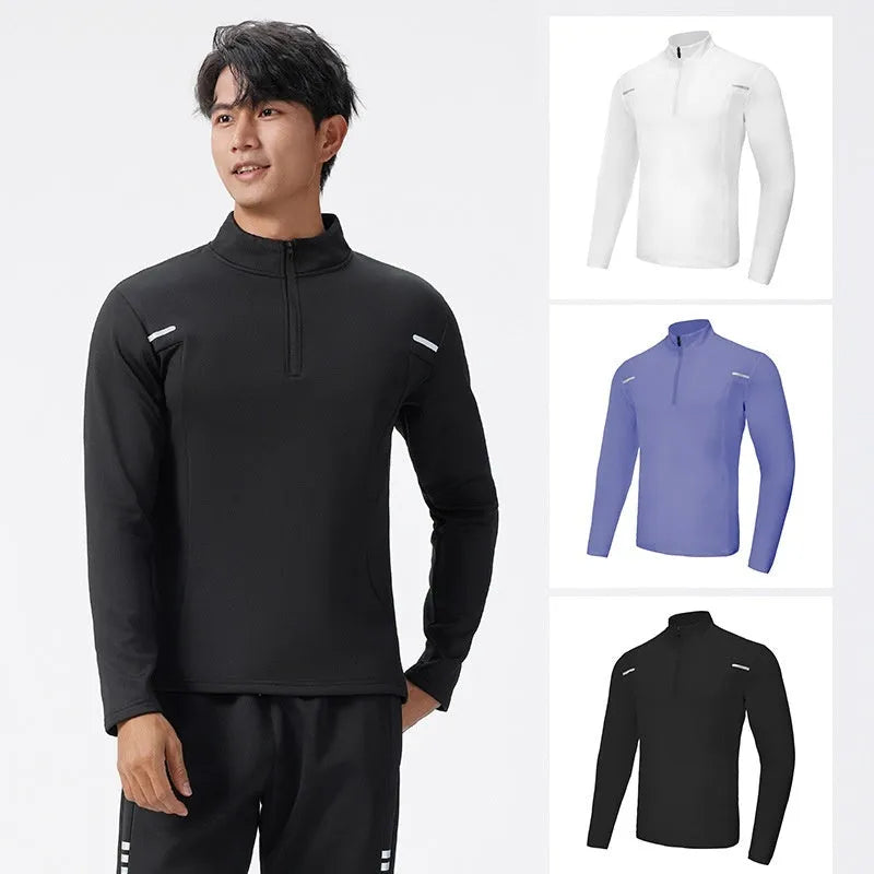 Men's half zip windproof quick dry training top in black, long sleeve, fleece lined, polyester fabric