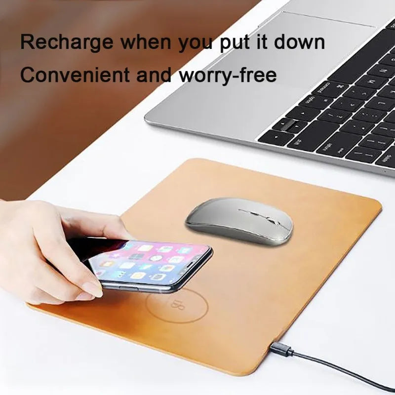 Brown leather wireless charging mouse pad with micro USB cable for fast device charging
