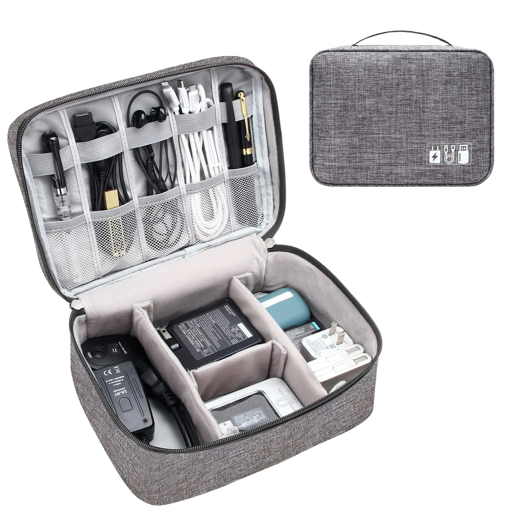 Black waterproof electronics travel organizer case open, showing mesh pockets, elastic loops and removable padded dividers.