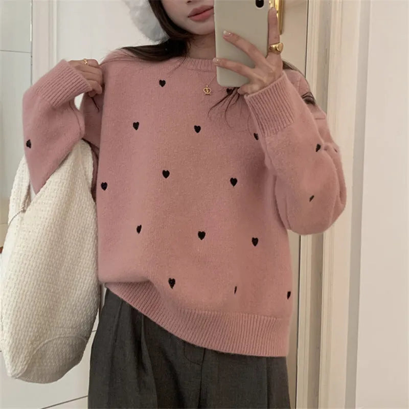 Beige women's acrylic pullover sweater with embroidered love pattern and loose fit
