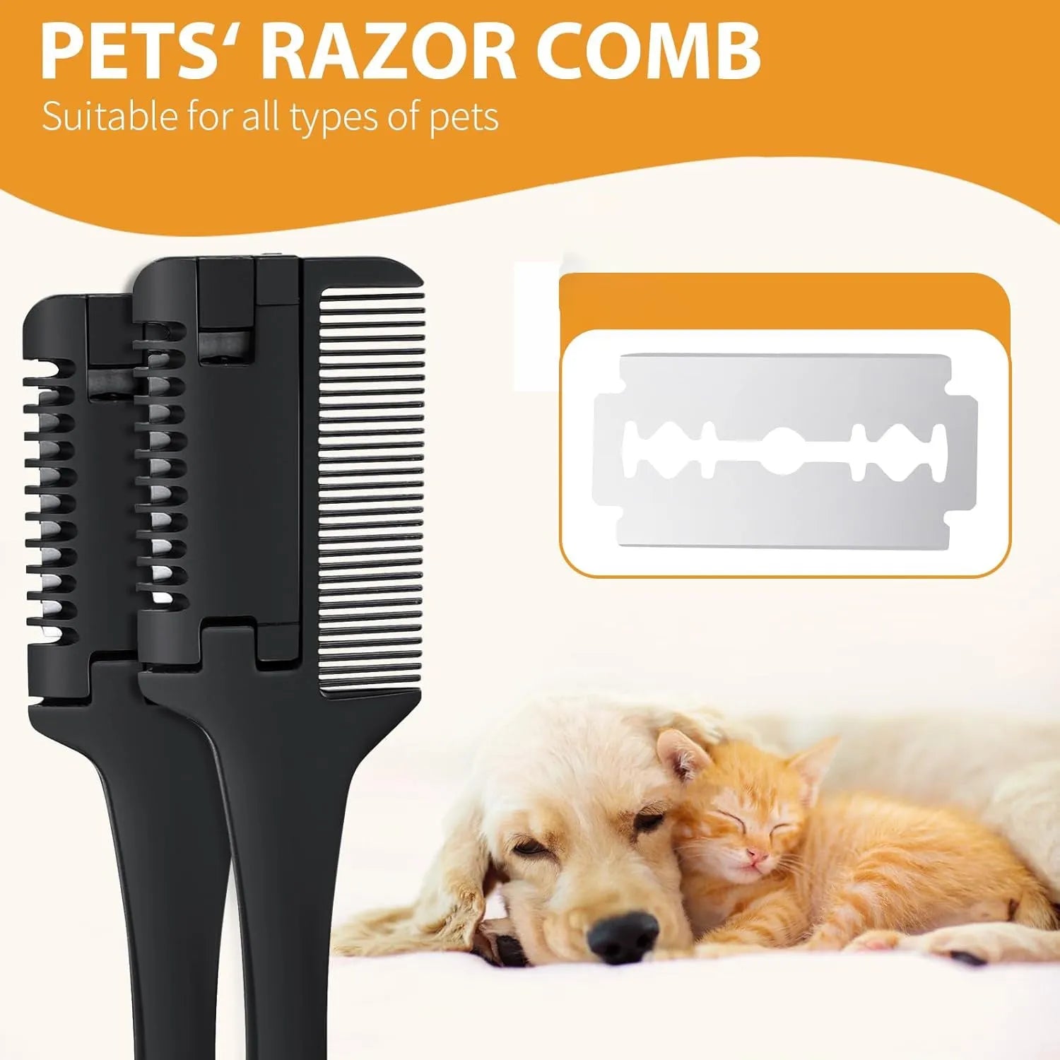 Razor comb for dogs and cats with comb and trimming blade, includes 10 spare stainless steel blades.