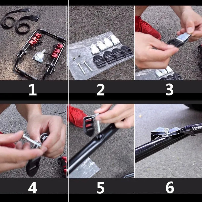 Black and red trunk mounted car bike holder rack showing rope tie and pull belt fastening options.